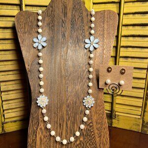 Goldtone Faux Pearl Necklace and Two Pairs of Vintage Earrings Set